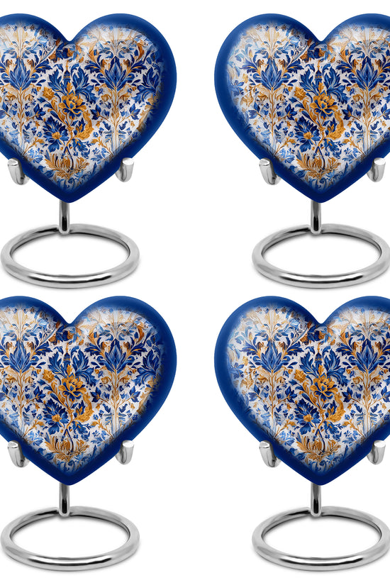 Ash Gray Blue Cremation Urn angled view of lid and engraved motif - romantic heart urn with blue motif on aluminum - 10 inch aluminum urn for cremated remains