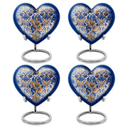 Ash Gray Blue Cremation Urn angled view of lid and engraved motif - romantic heart urn with blue motif on aluminum - 10 inch aluminum urn for cremated remains