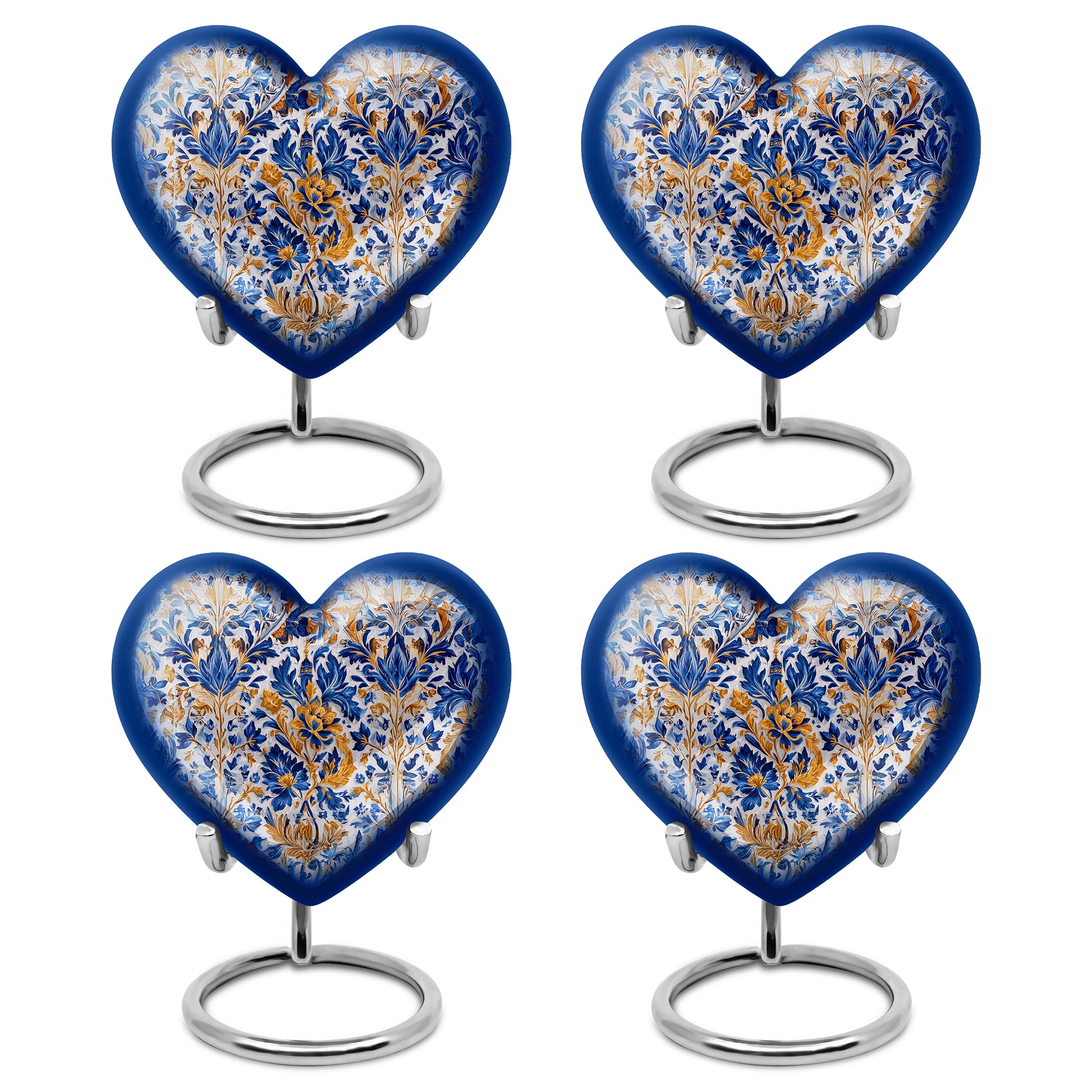 Ash Gray Blue Cremation Urn angled view of lid and engraved motif - romantic heart urn with blue motif on aluminum - 10 inch aluminum urn for cremated remains