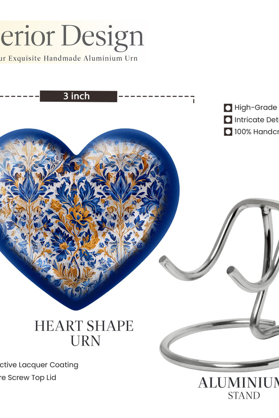 Mist Gray Blue Cremation Urn front view showing detailed design - loving heart memorial featuring blue pattern - mini keepsake memorial for portion of cremation ashes