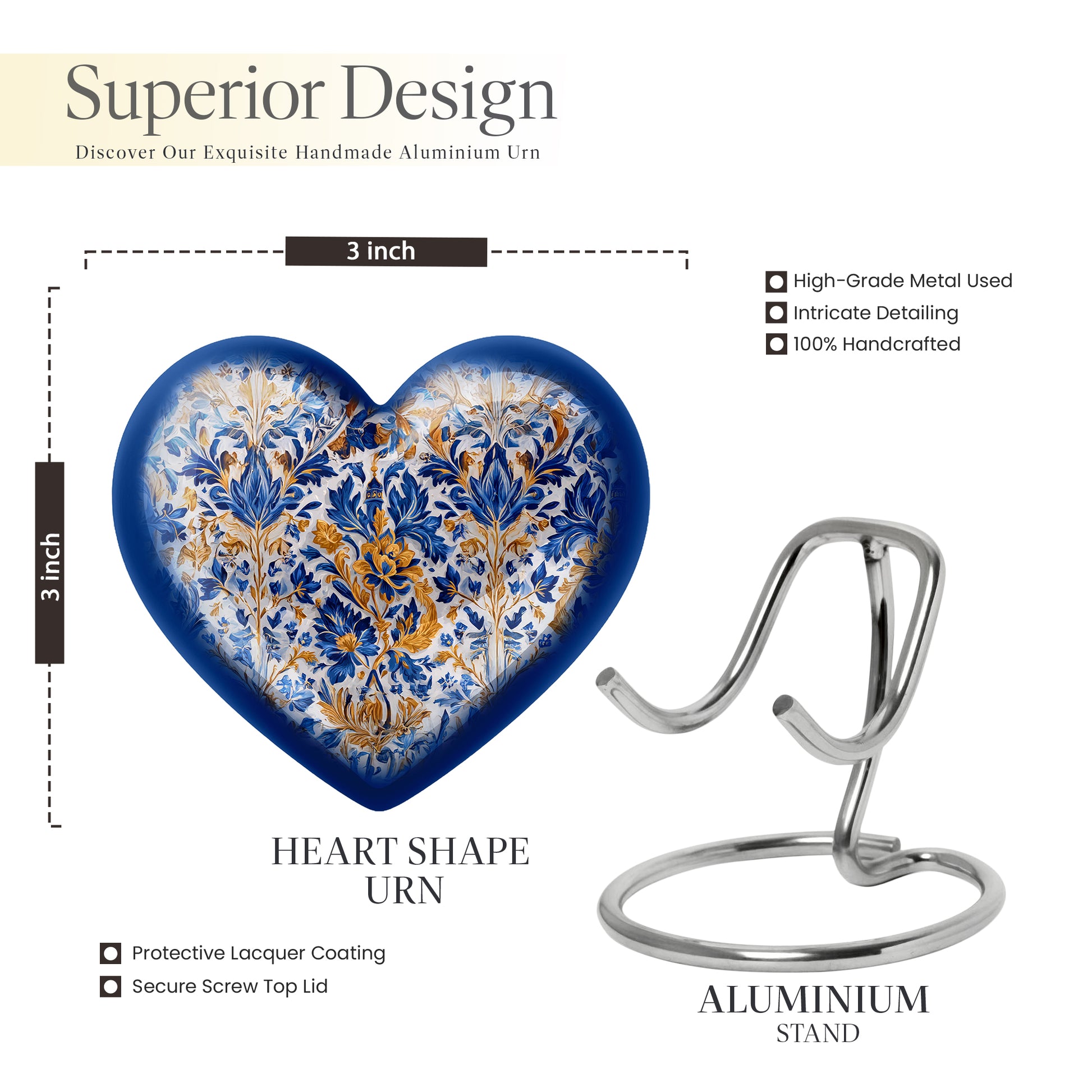 Mist Gray Blue Cremation Urn front view showing detailed design - loving heart memorial featuring blue pattern - mini keepsake memorial for portion of cremation ashes