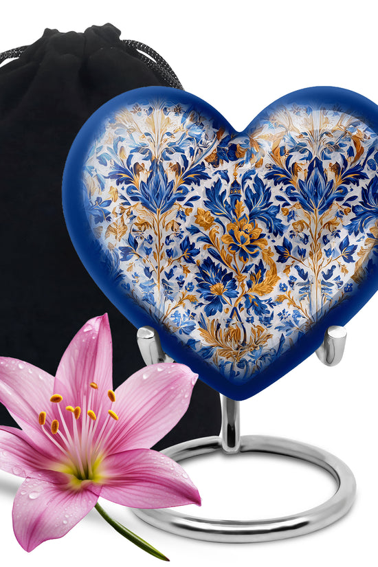 Charcoal Gray Blue Cremation Urn detail view - heart-shaped blue design symbolizing eternal love - full-size 10 inch 200 cubic inch adult cremation urn