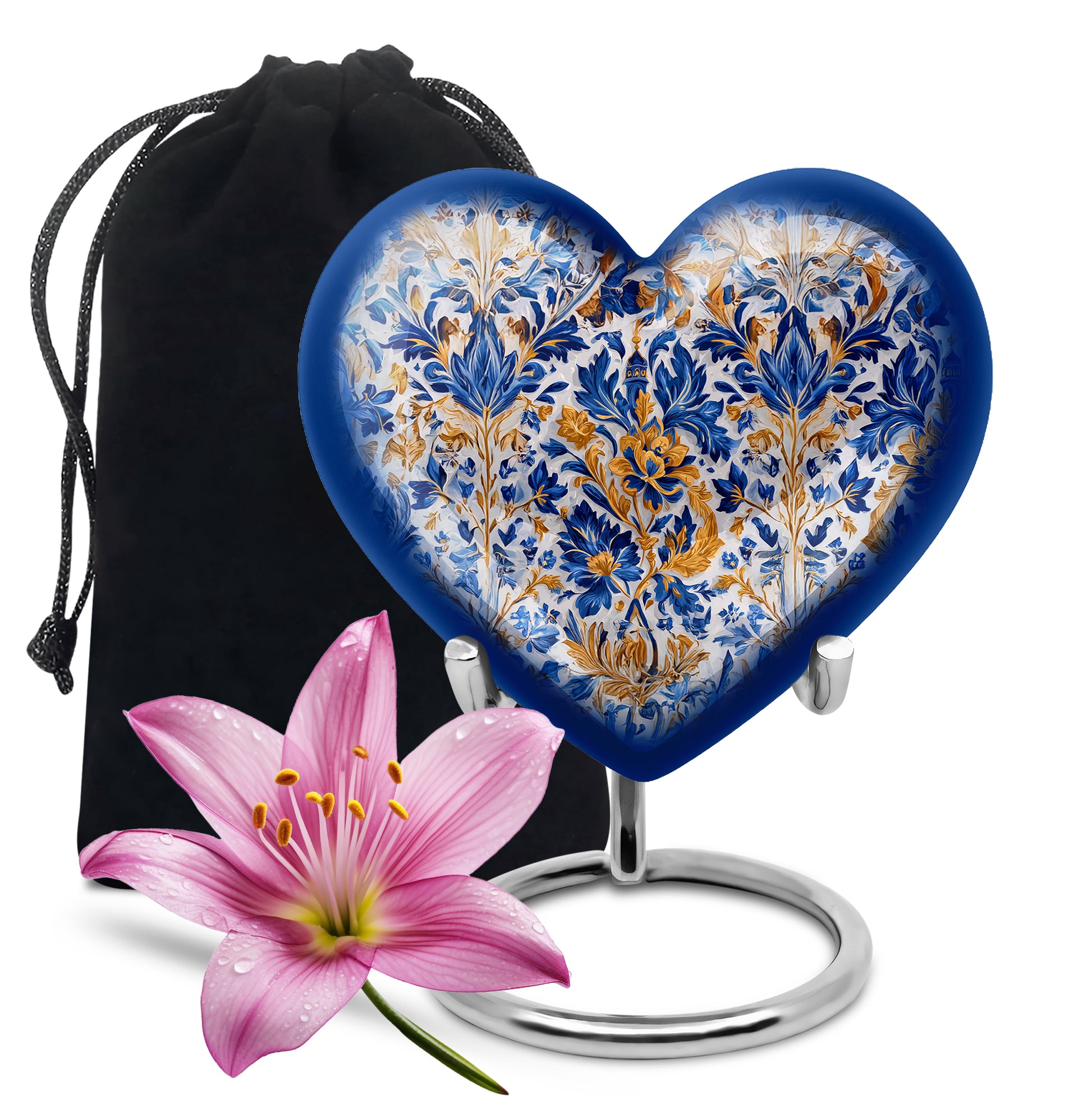 Charcoal Gray Blue Cremation Urn detail view - heart-shaped blue design symbolizing eternal love - full-size 10 inch 200 cubic inch adult cremation urn