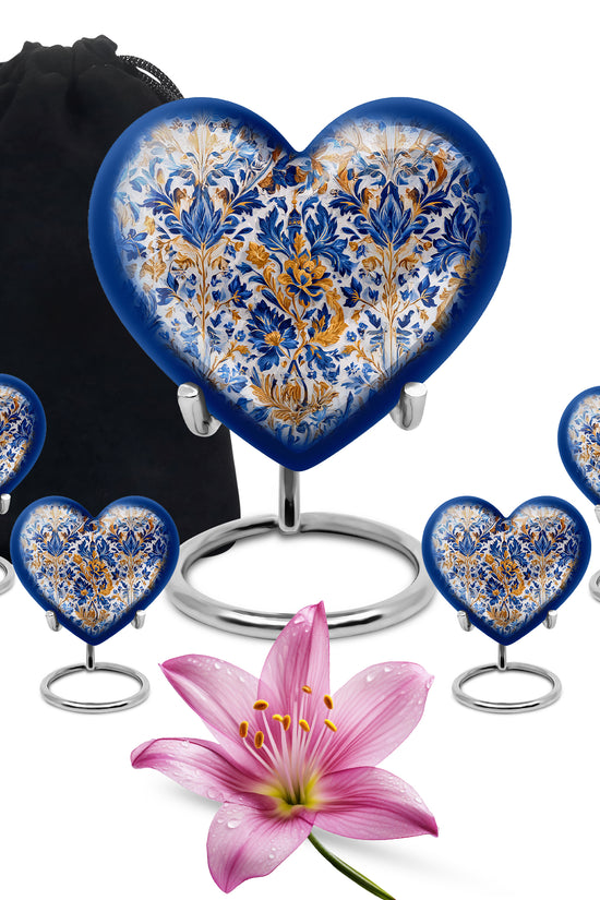 Storm Gray Blue Cremation Urn close-up of engraving and surface detail - romantic heart urn with blue motif on aluminum - memorial set with one large and four small urns