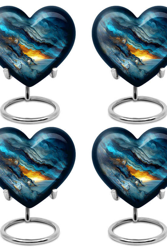 Calming Blue Blue Cremation Urn angled view of lid and engraved motif - romantic heart urn with blue motif on aluminum - 10 inch aluminum urn for cremated remains