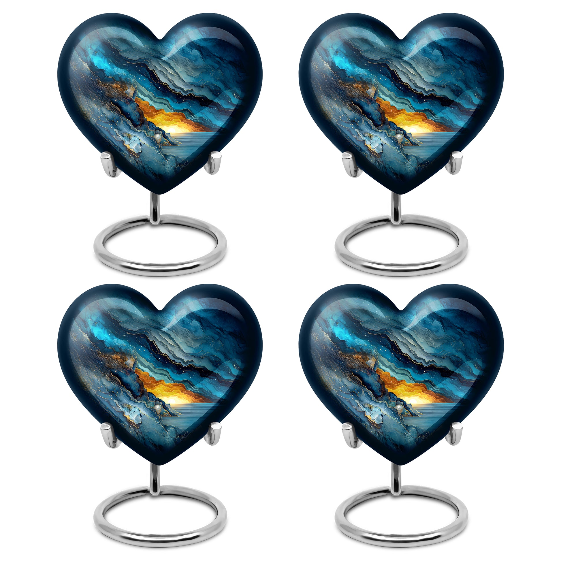 Calming Blue Blue Cremation Urn angled view of lid and engraved motif - romantic heart urn with blue motif on aluminum - 10 inch aluminum urn for cremated remains