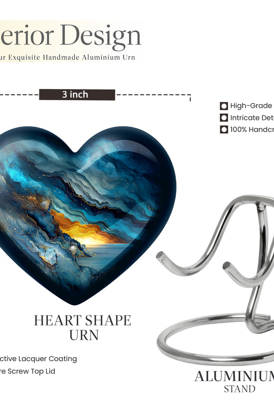 Indigo Blue Cremation Urn front view showing detailed design - loving heart memorial featuring blue pattern - mini keepsake memorial for portion of cremation ashes