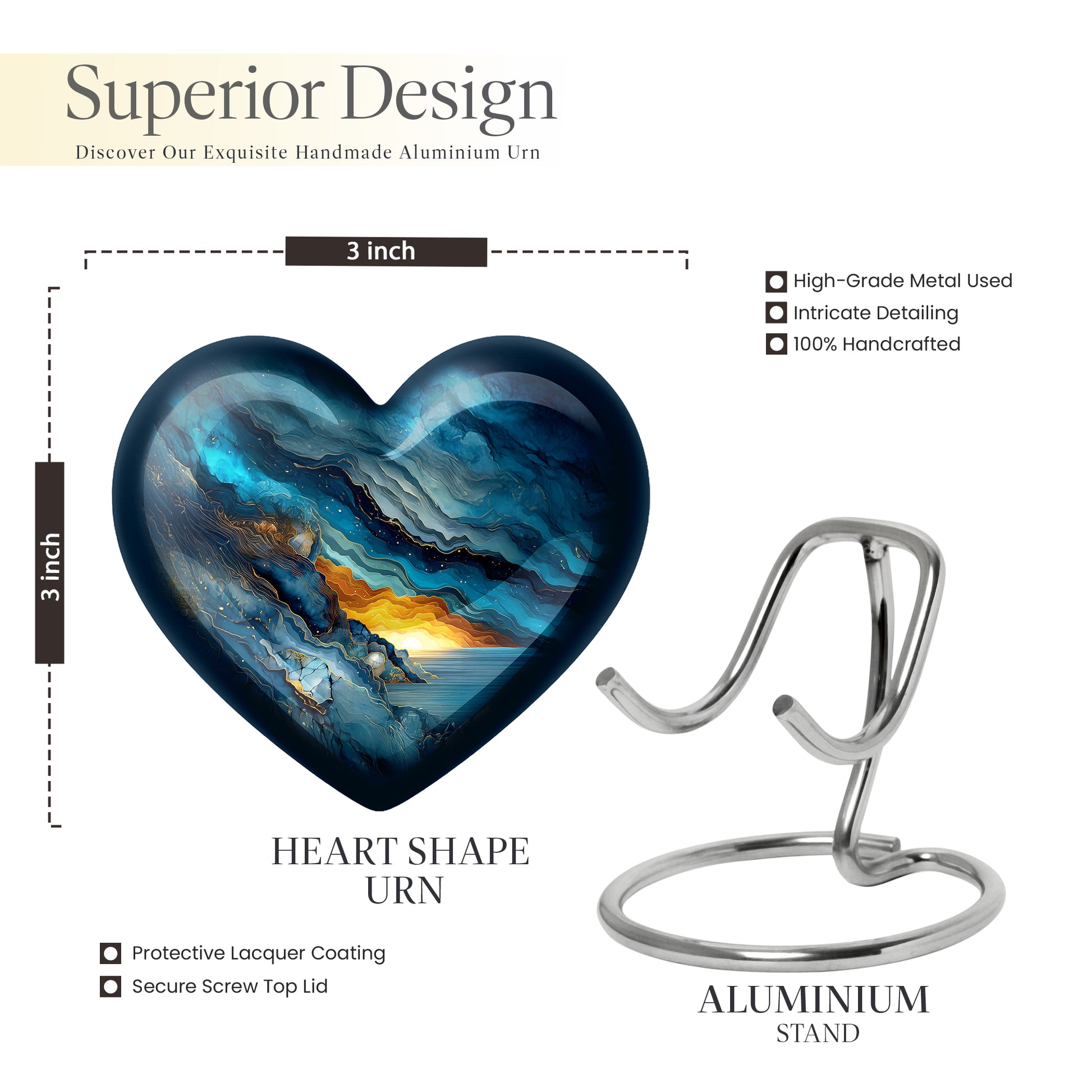 Indigo Blue Cremation Urn front view showing detailed design - loving heart memorial featuring blue pattern - mini keepsake memorial for portion of cremation ashes
