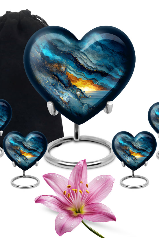Bright Blue Blue Cremation Urn close-up of engraving and surface detail - compassionate heart-blue combination with gentle curves - memorial set with one large and four small urns