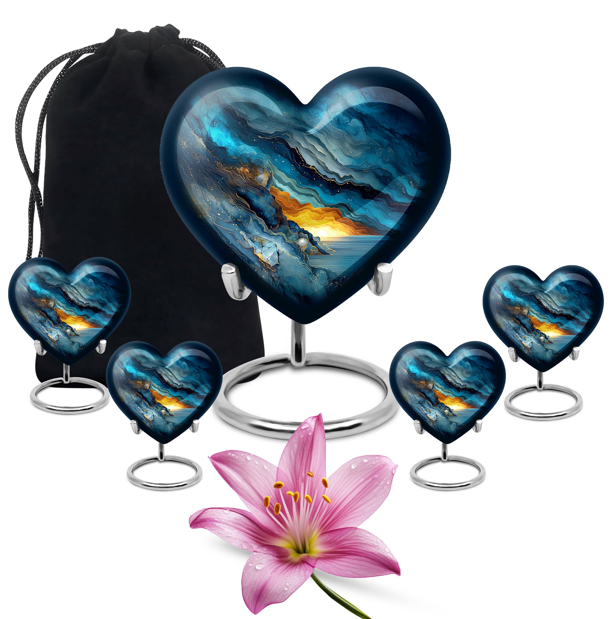 Bright Blue Blue Cremation Urn close-up of engraving and surface detail - compassionate heart-blue combination with gentle curves - memorial set with one large and four small urns