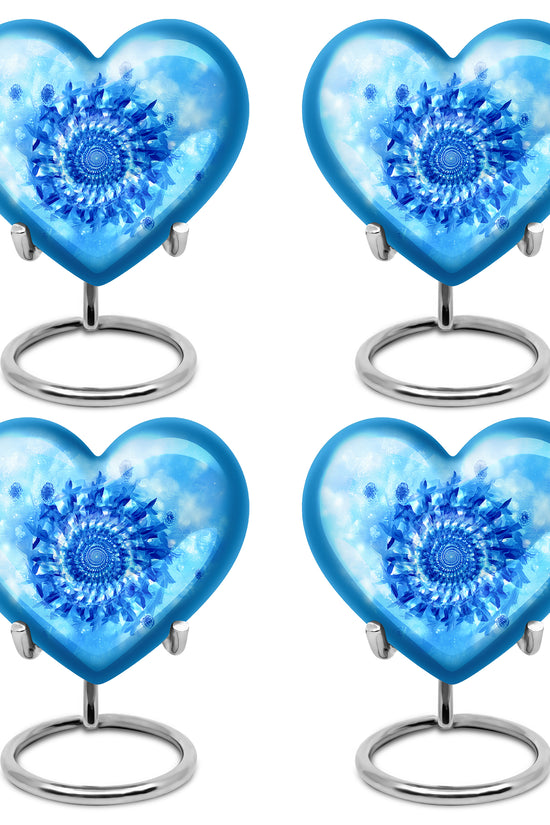 Celestial Blue Blue Cremation Urn angled view of lid and engraved motif - heart-shaped blue design symbolizing eternal love - 10 inch aluminum urn for cremated remains