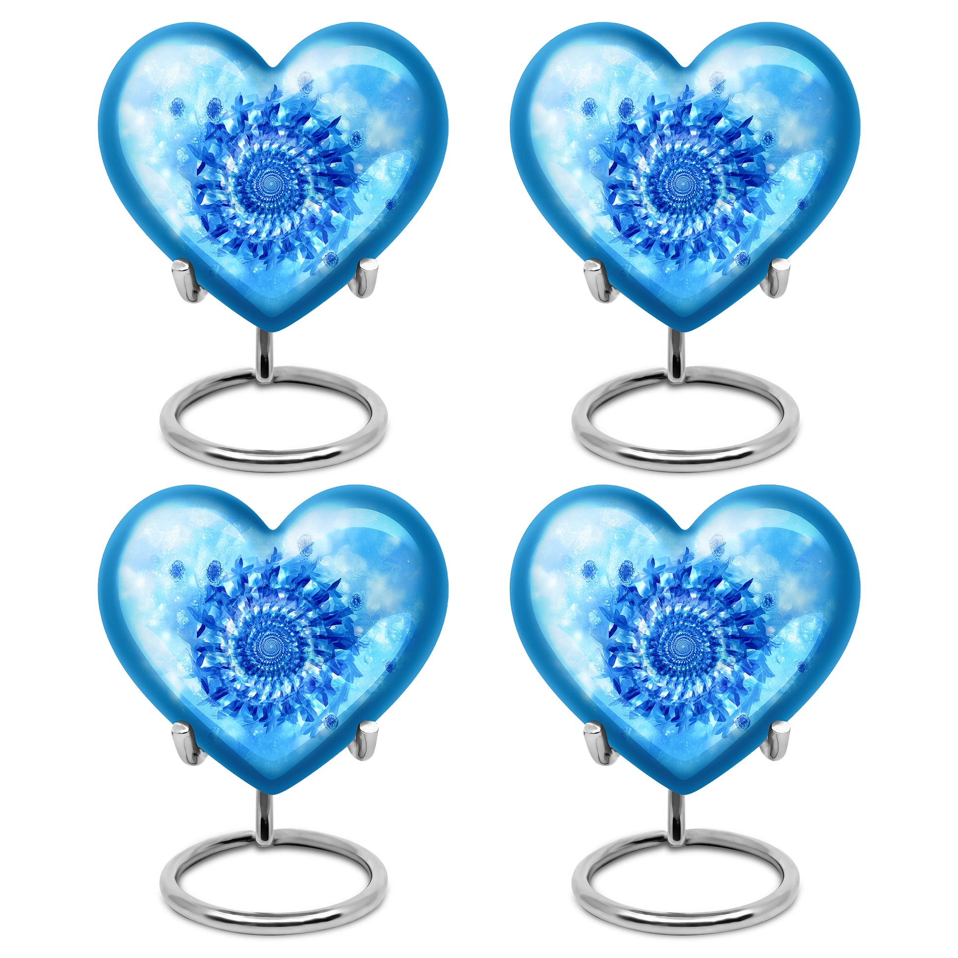 Celestial Blue Blue Cremation Urn angled view of lid and engraved motif - heart-shaped blue design symbolizing eternal love - 10 inch aluminum urn for cremated remains