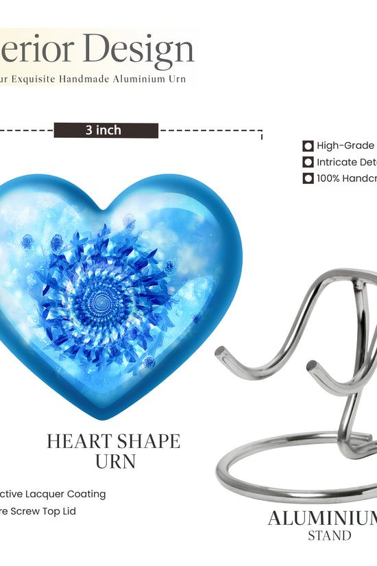 Cornflower Blue Blue Cremation Urn front view showing detailed design - compassionate heart-blue combination with gentle curves - mini keepsake memorial for portion of cremation ashes