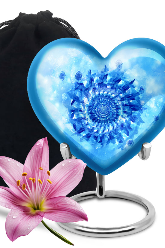 Sapphire Blue Blue Cremation Urn detail view - compassionate heart-blue combination with gentle curves - full-size 10 inch 200 cubic inch adult cremation urn
