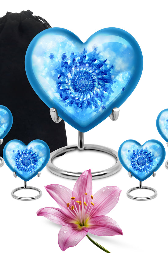 Royal Blue Blue Cremation Urn close-up of engraving and surface detail - compassionate heart-blue combination with gentle curves - memorial set with one large and four small urns