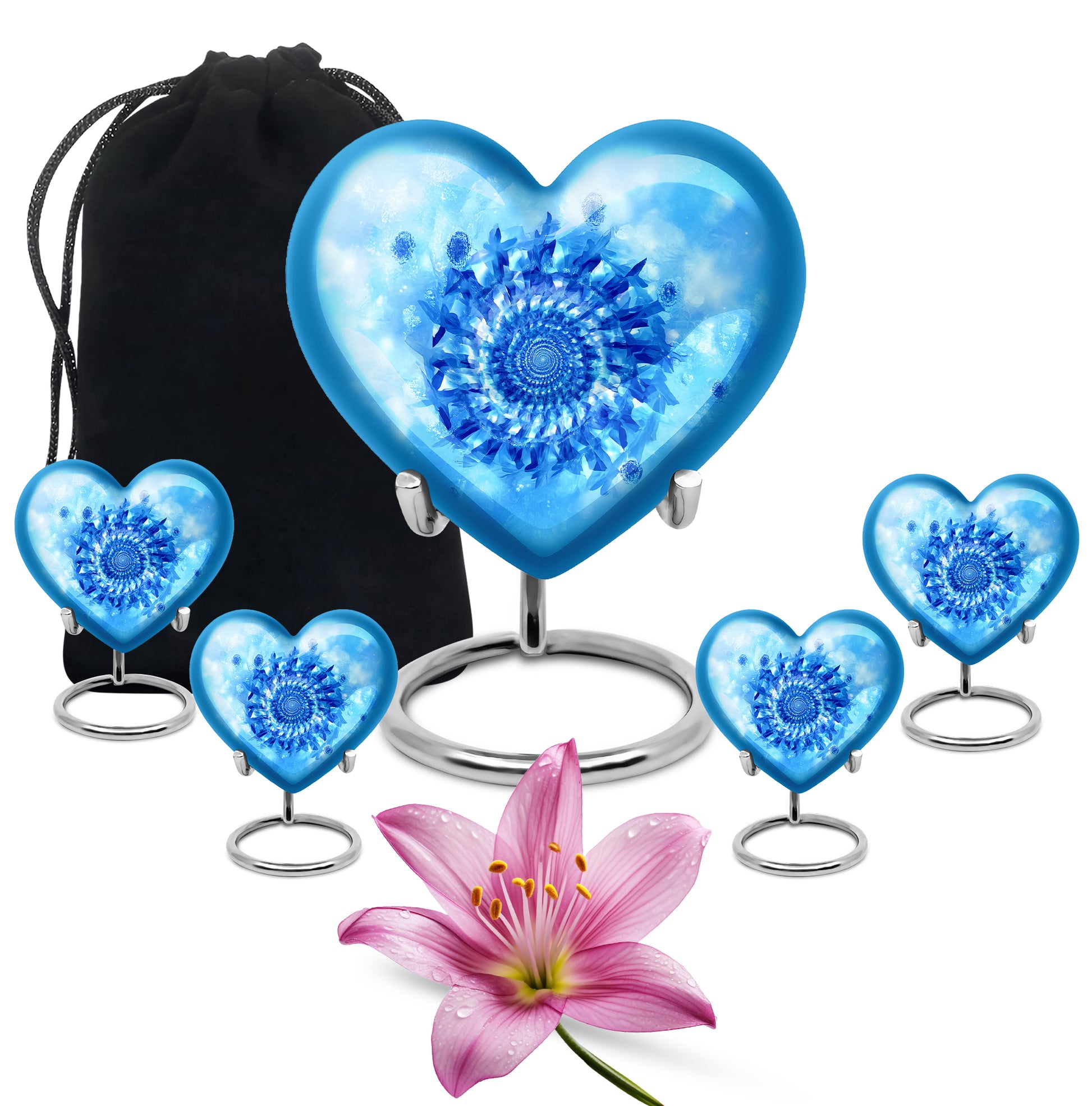 Royal Blue Blue Cremation Urn close-up of engraving and surface detail - compassionate heart-blue combination with gentle curves - memorial set with one large and four small urns