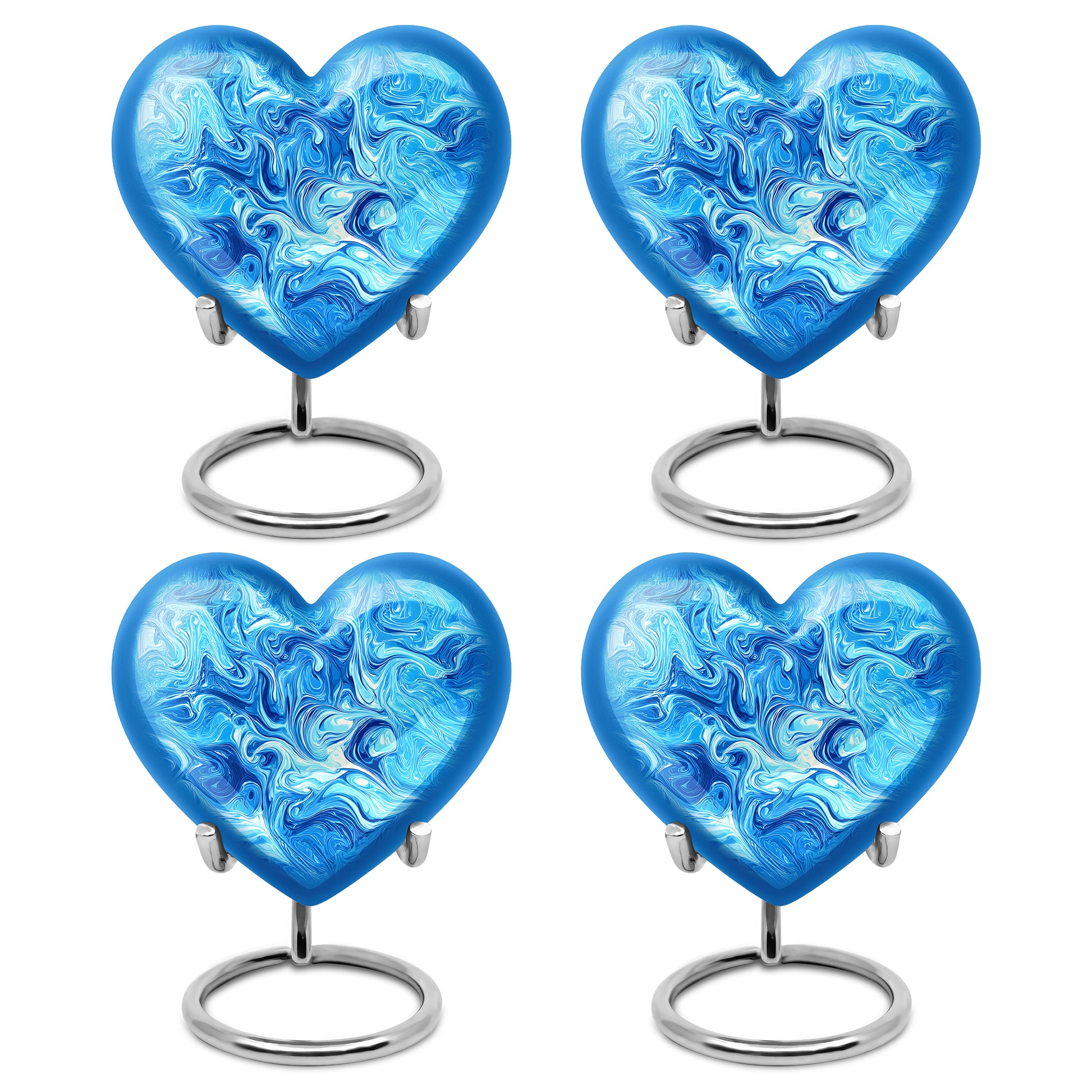 Pastel Blue Blue Cremation Urn angled view of lid and engraved motif - heart-shaped blue design symbolizing eternal love - 10 inch aluminum urn for cremated remains
