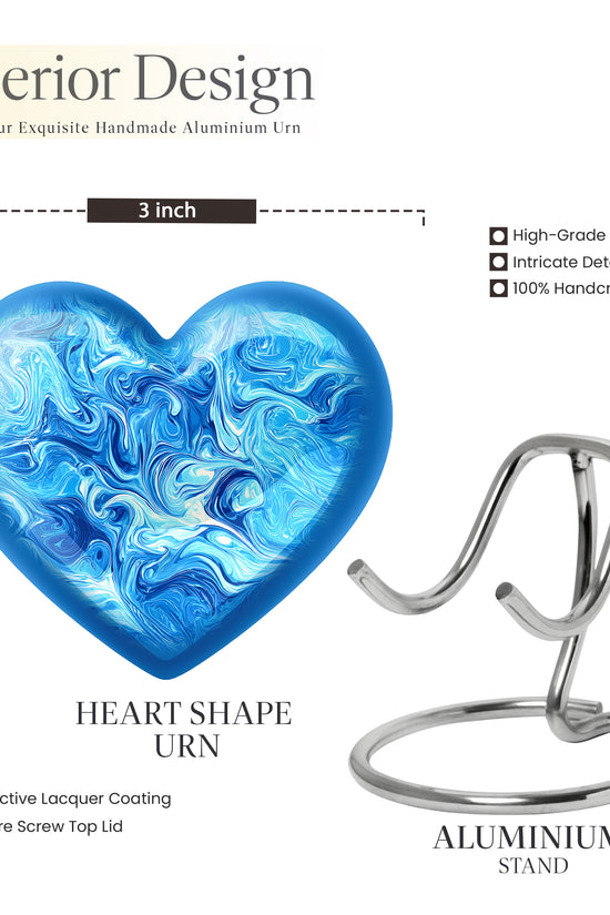 Azure Blue Cremation Urn front view showing detailed design - heart-shaped blue design symbolizing eternal love - mini keepsake memorial for portion of cremation ashes