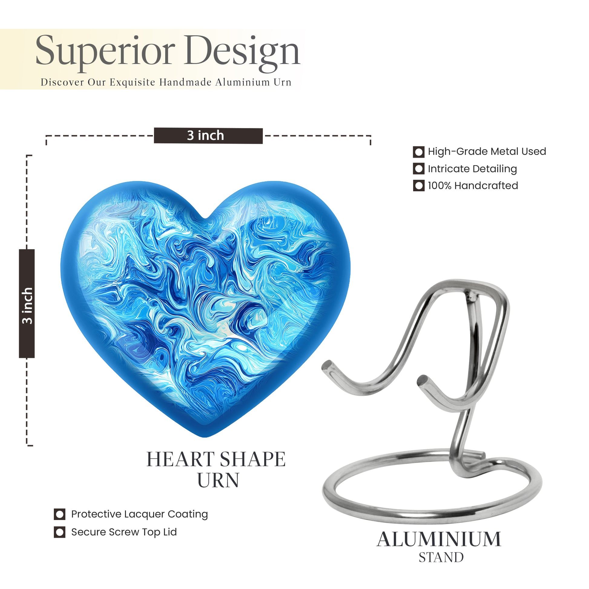 Azure Blue Cremation Urn front view showing detailed design - heart-shaped blue design symbolizing eternal love - mini keepsake memorial for portion of cremation ashes