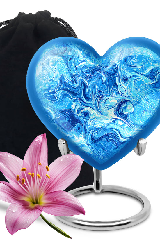 Azure Blue Cremation Urn detail view - loving heart memorial featuring blue pattern - full-size 10 inch 200 cubic inch adult cremation urn