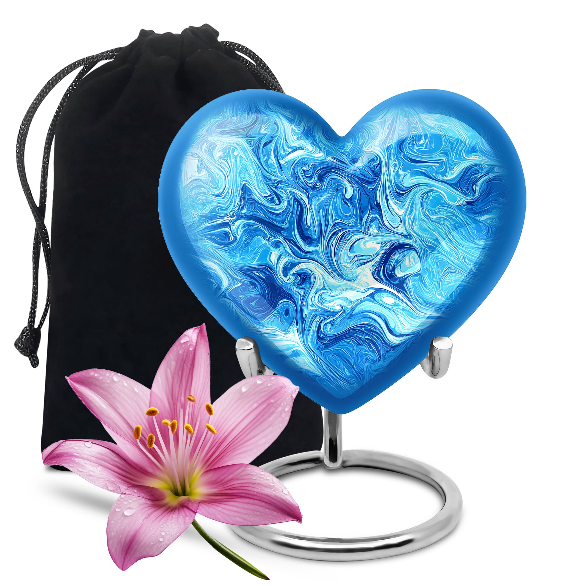 Azure Blue Cremation Urn detail view - loving heart memorial featuring blue pattern - full-size 10 inch 200 cubic inch adult cremation urn