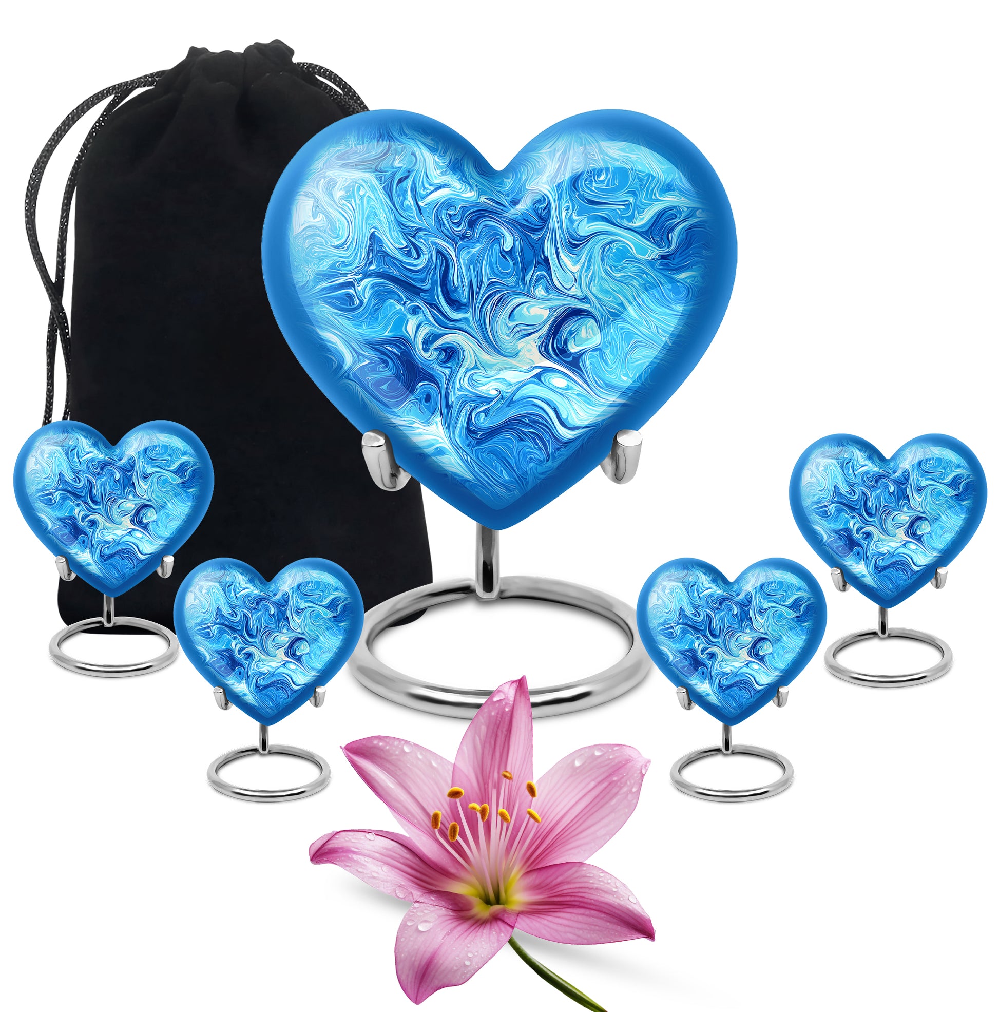 Powder Blue Blue Cremation Urn close-up of engraving and surface detail - loving heart memorial featuring blue pattern - memorial set with one large and four small urns