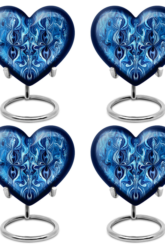 Cobalt Blue Blue Cremation Urn angled view of lid and engraved motif - compassionate heart-blue combination with gentle curves - 10 inch aluminum urn for cremated remains