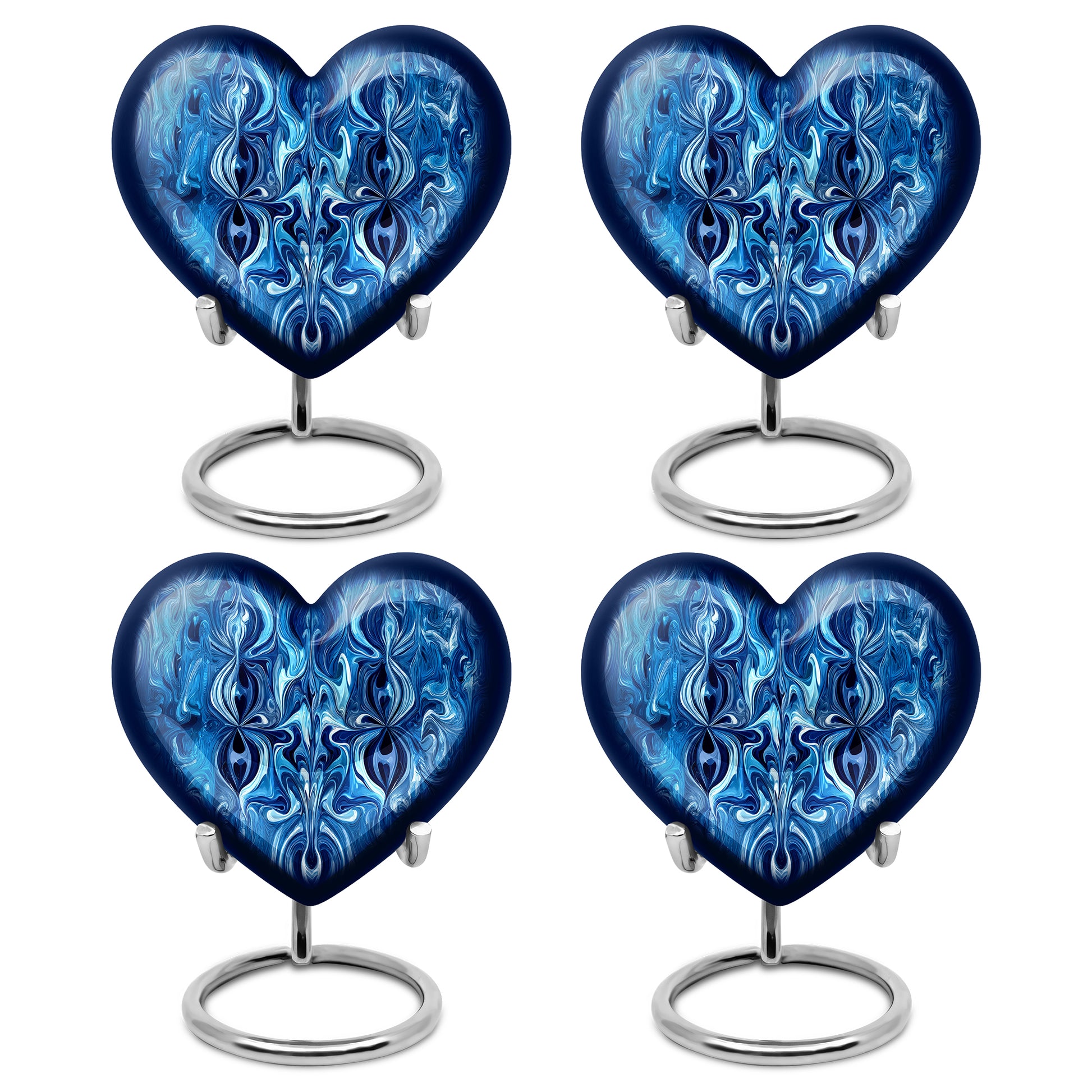 Cobalt Blue Blue Cremation Urn angled view of lid and engraved motif - compassionate heart-blue combination with gentle curves - 10 inch aluminum urn for cremated remains