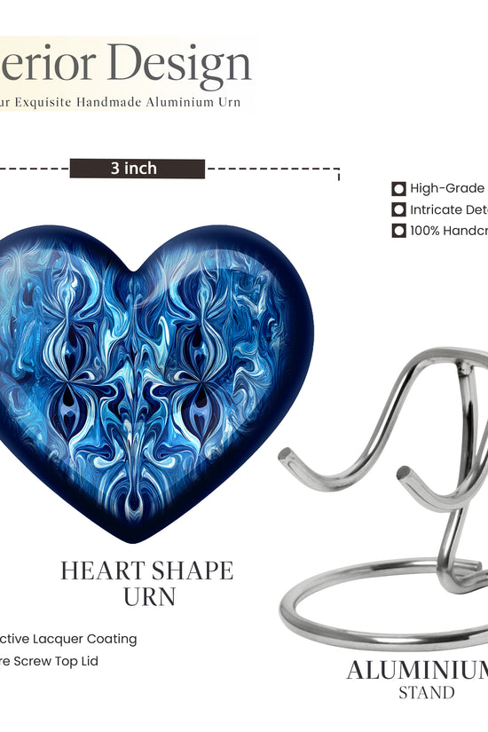 Cobalt Blue Blue Cremation Urn front view showing detailed design - compassionate heart-blue combination with gentle curves - mini keepsake memorial for portion of cremation ashes