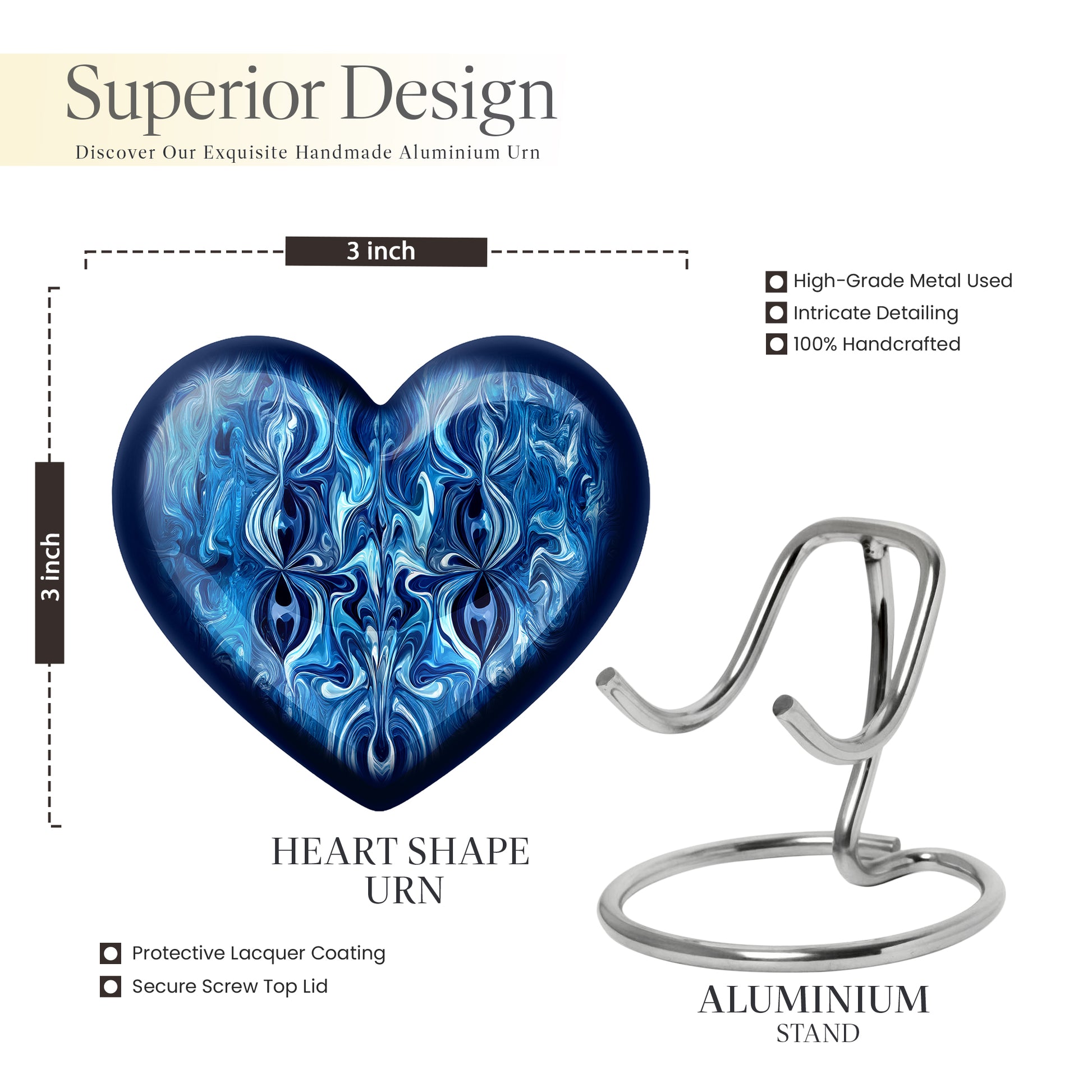 Cobalt Blue Blue Cremation Urn front view showing detailed design - compassionate heart-blue combination with gentle curves - mini keepsake memorial for portion of cremation ashes