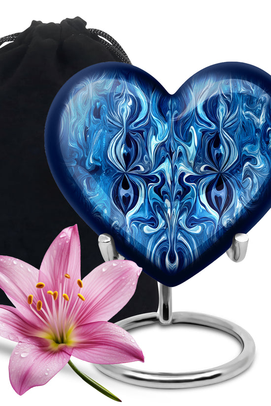 Serene Blue Blue Cremation Urn detail view - romantic heart urn with blue motif on aluminum - full-size 10 inch 200 cubic inch adult cremation urn