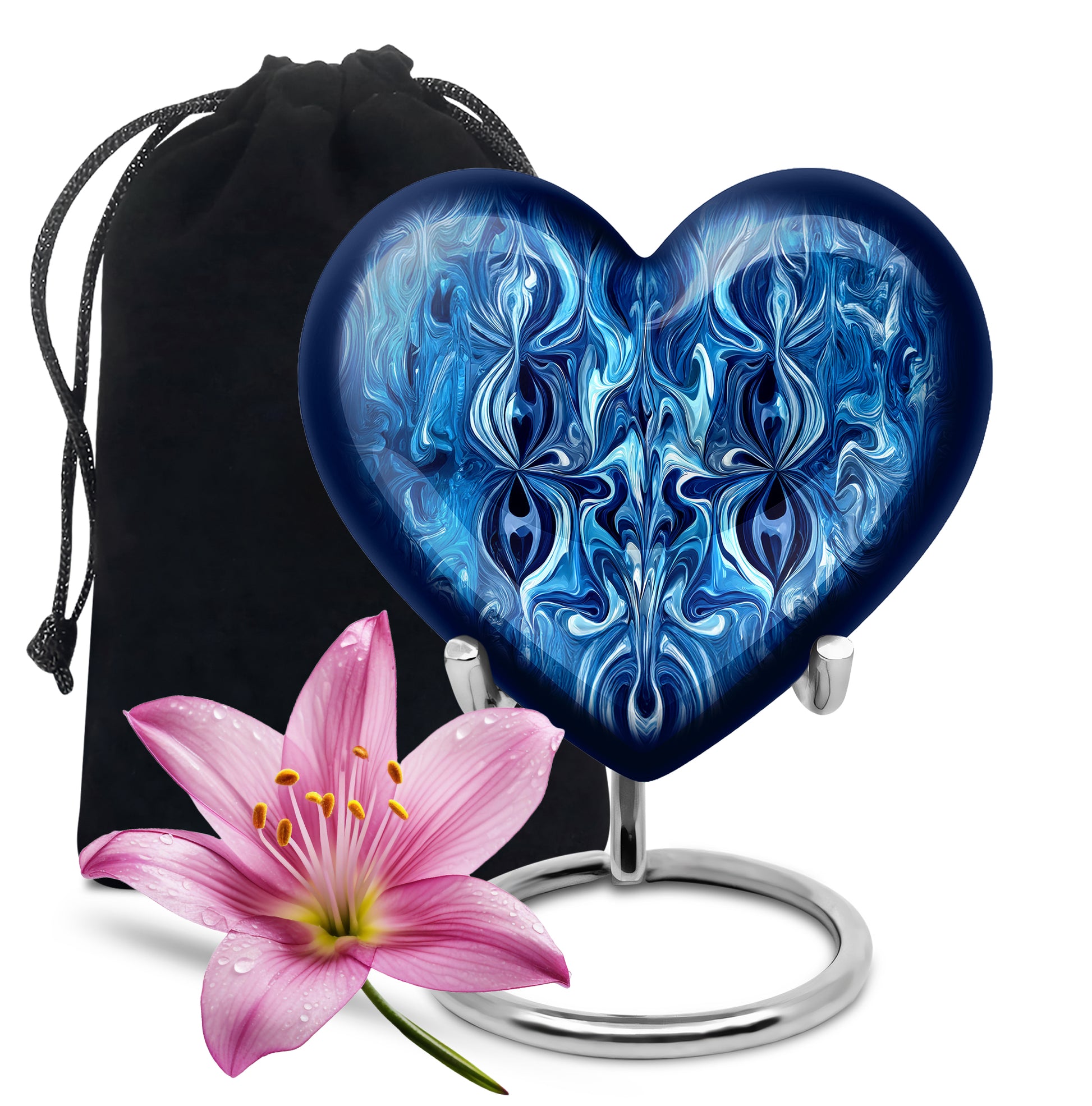 Serene Blue Blue Cremation Urn detail view - romantic heart urn with blue motif on aluminum - full-size 10 inch 200 cubic inch adult cremation urn