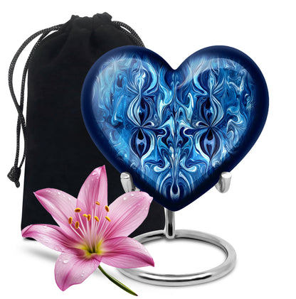 Serene Blue Blue Cremation Urn detail view - romantic heart urn with blue motif on aluminum - full-size 10 inch 200 cubic inch adult cremation urn