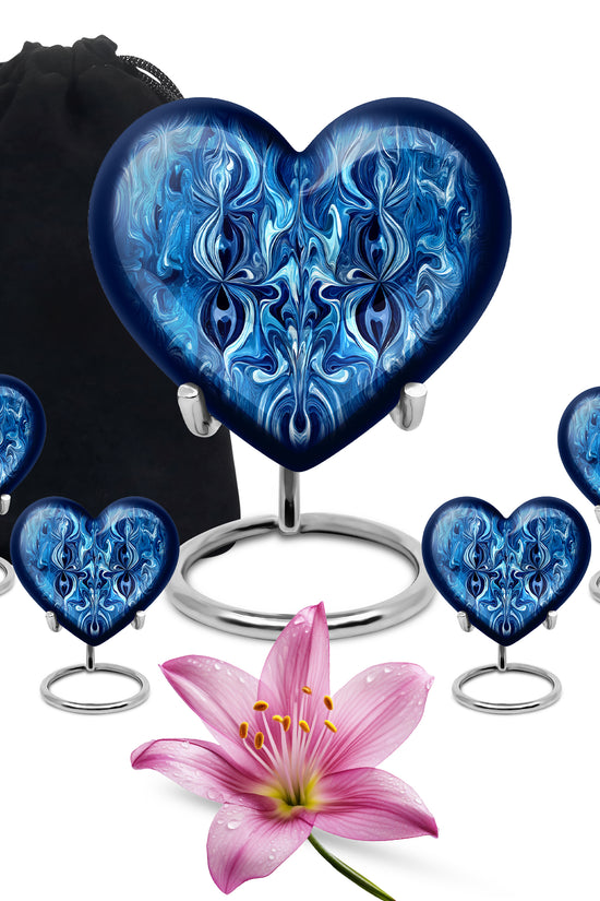 Royal Blue Blue Cremation Urn close-up of engraving and surface detail - romantic heart urn with blue motif on aluminum - memorial set with one large and four small urns