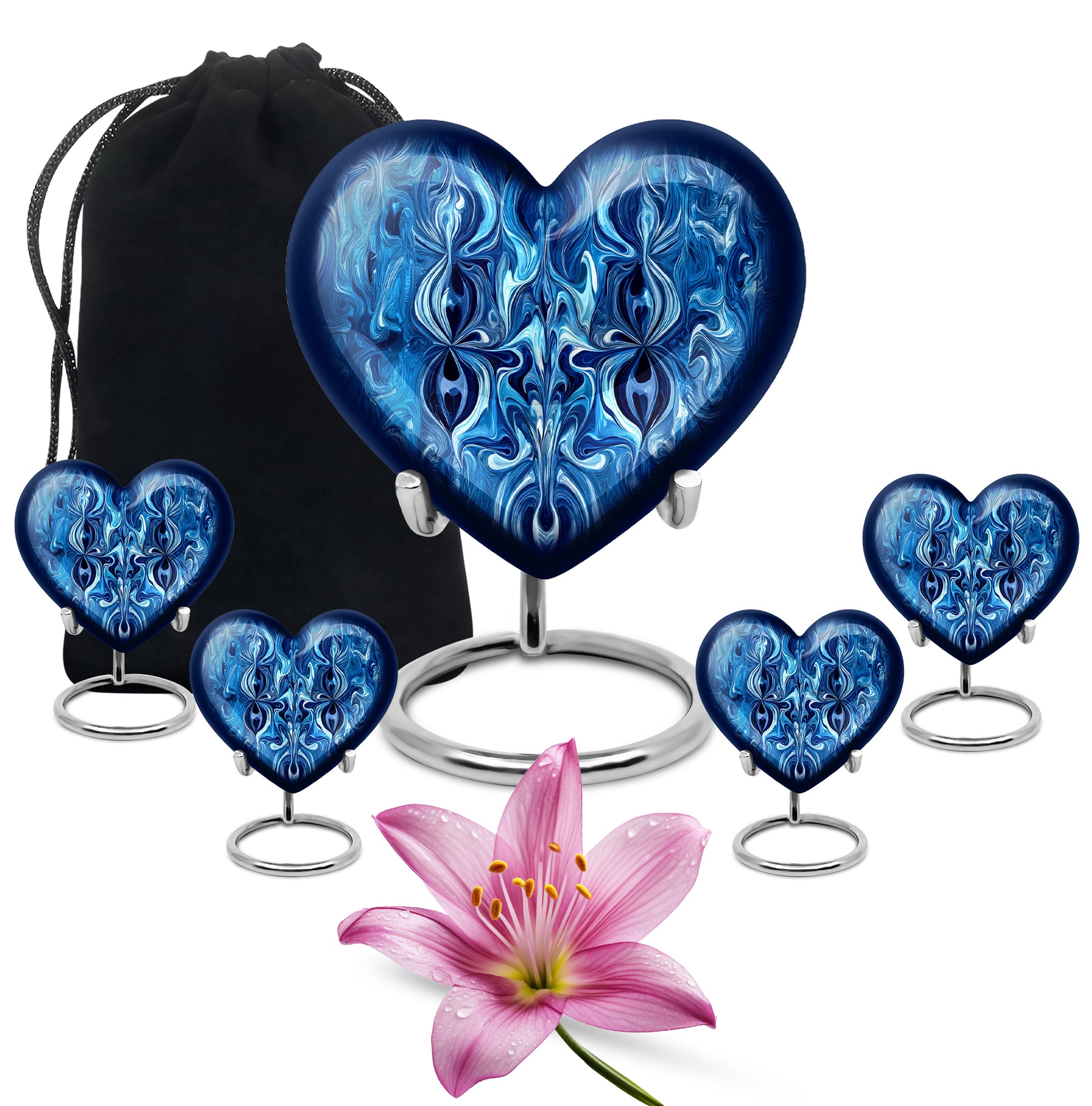 Royal Blue Blue Cremation Urn close-up of engraving and surface detail - romantic heart urn with blue motif on aluminum - memorial set with one large and four small urns