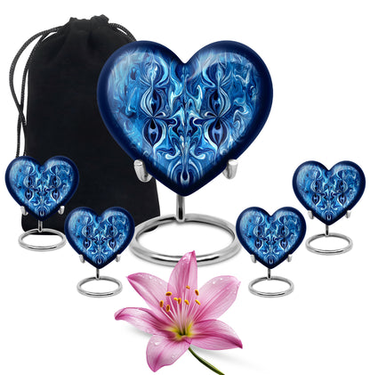 Royal Blue Blue Cremation Urn close-up of engraving and surface detail - romantic heart urn with blue motif on aluminum - memorial set with one large and four small urns