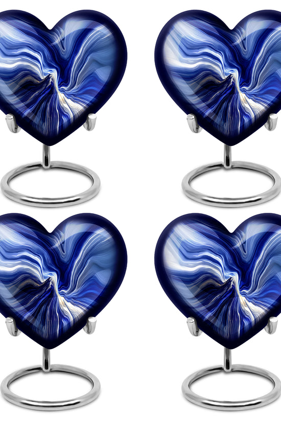 Azure Blue Cremation Urn angled view of lid and engraved motif - heart-shaped blue design symbolizing eternal love - 10 inch aluminum urn for cremated remains