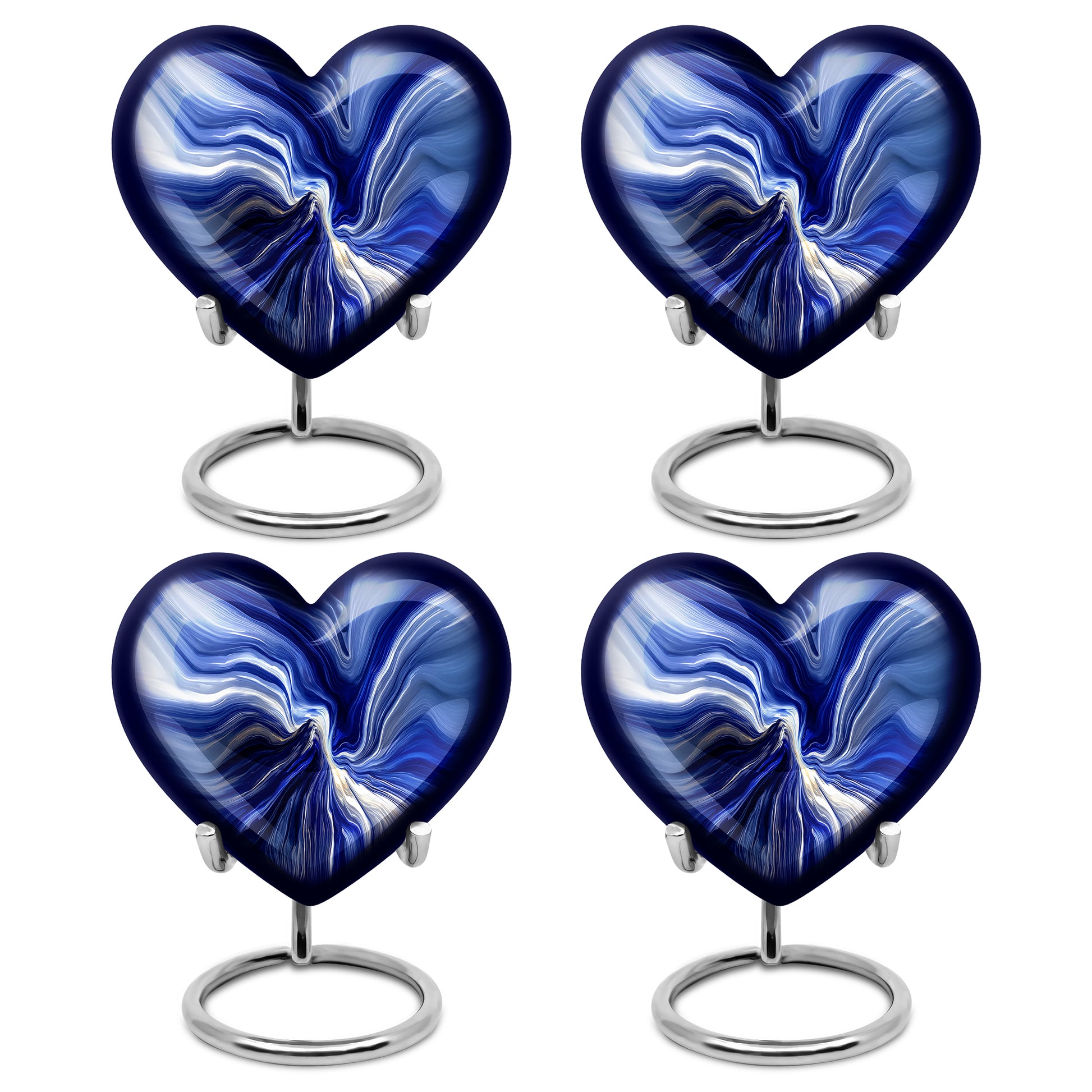 Azure Blue Cremation Urn angled view of lid and engraved motif - heart-shaped blue design symbolizing eternal love - 10 inch aluminum urn for cremated remains