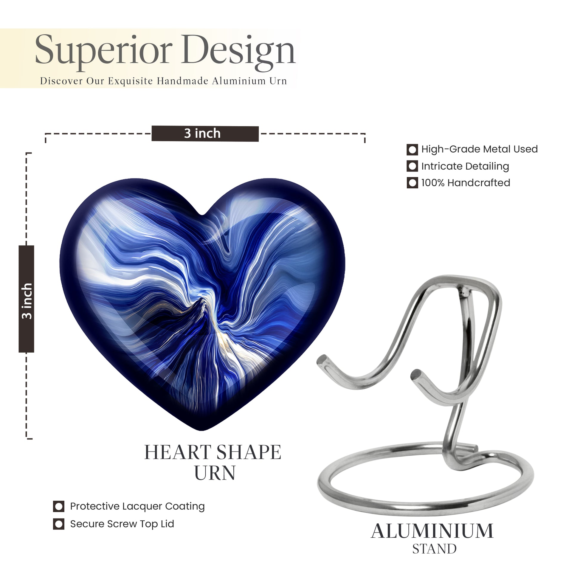Sky Blue Blue Cremation Urn front view showing detailed design - loving heart memorial featuring blue pattern - mini keepsake memorial for portion of cremation ashes