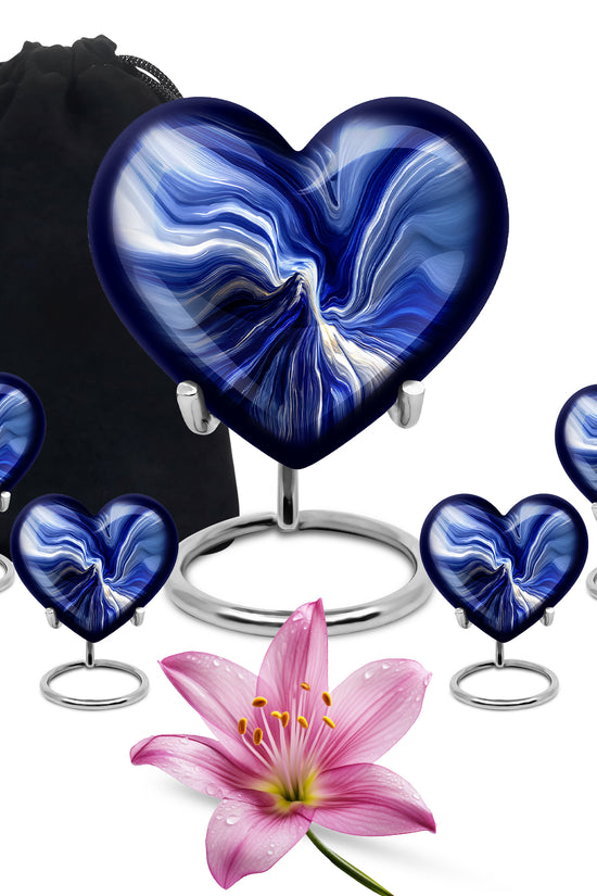 Icy Blue Blue Cremation Urn close-up of engraving and surface detail - loving heart memorial featuring blue pattern - memorial set with one large and four small urns