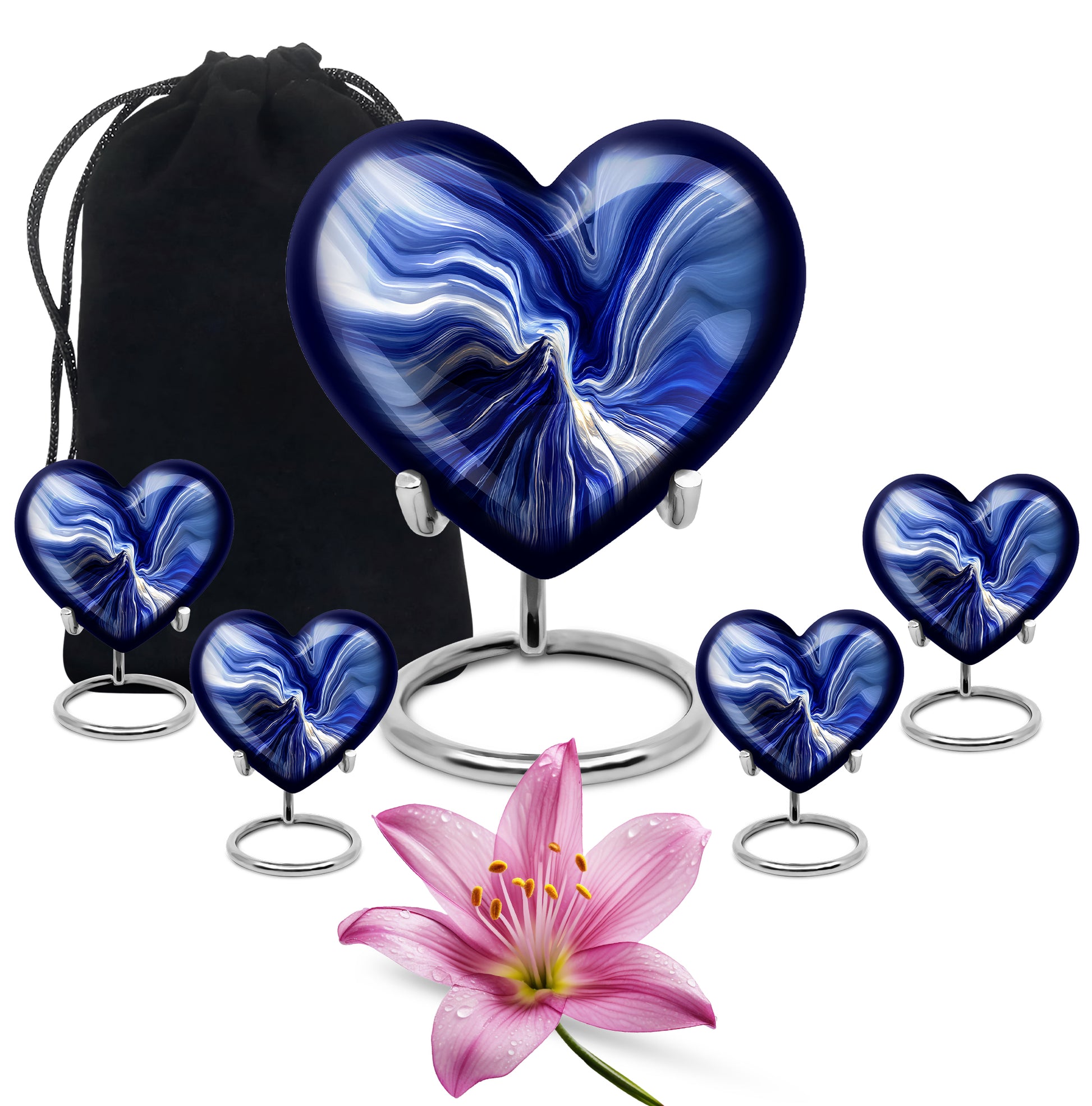 Icy Blue Blue Cremation Urn close-up of engraving and surface detail - loving heart memorial featuring blue pattern - memorial set with one large and four small urns