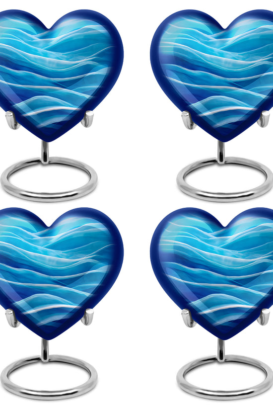 Royal Blue Blue Cremation Urn angled view of lid and engraved motif - romantic heart urn with blue motif on aluminum - 10 inch aluminum urn for cremated remains