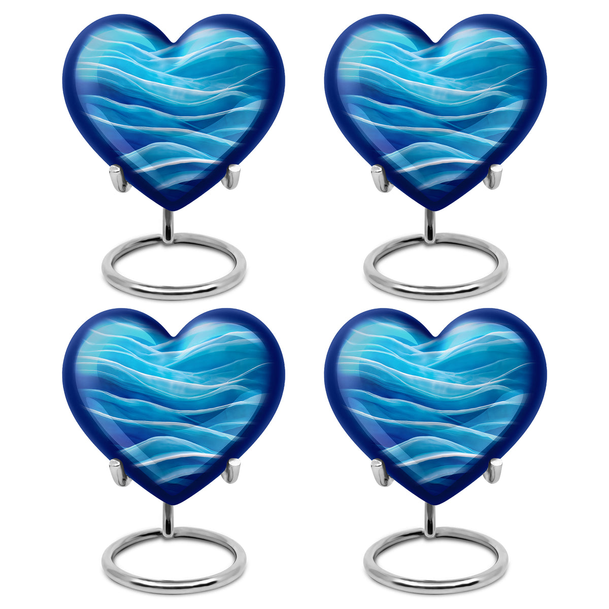Royal Blue Blue Cremation Urn angled view of lid and engraved motif - romantic heart urn with blue motif on aluminum - 10 inch aluminum urn for cremated remains