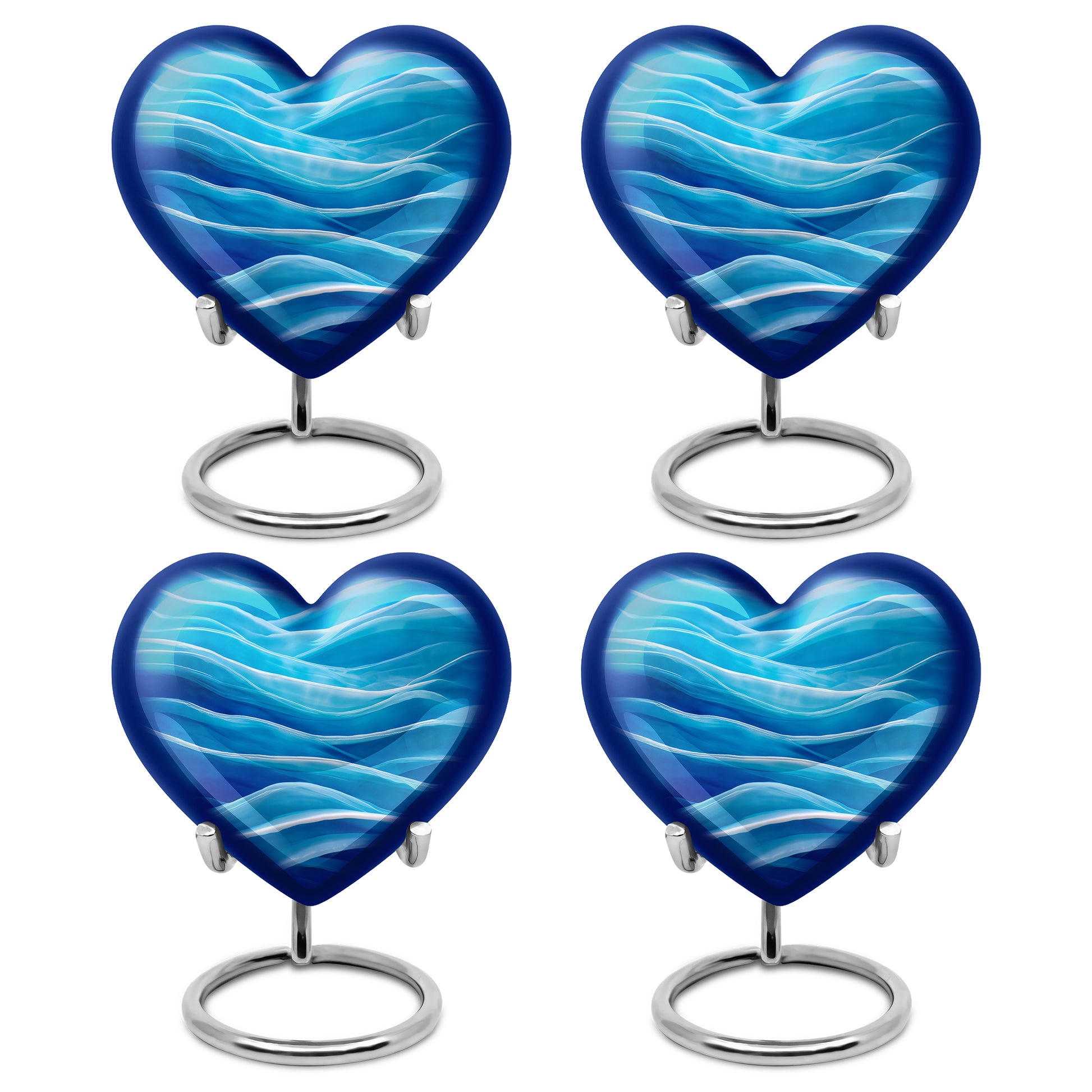 Royal Blue Blue Cremation Urn angled view of lid and engraved motif - romantic heart urn with blue motif on aluminum - 10 inch aluminum urn for cremated remains