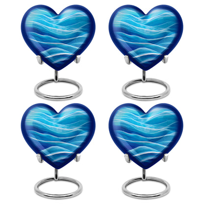 Royal Blue Blue Cremation Urn angled view of lid and engraved motif - romantic heart urn with blue motif on aluminum - 10 inch aluminum urn for cremated remains