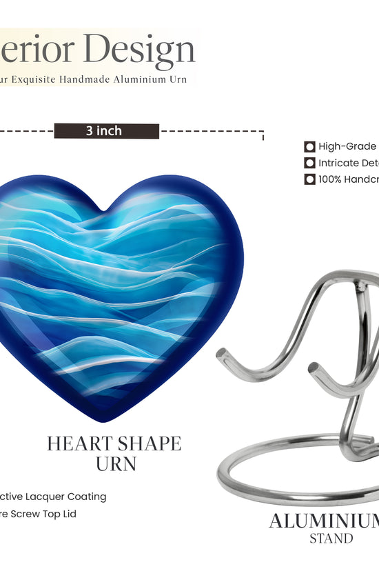 Celestial Blue Blue Cremation Urn front view showing detailed design - heart-shaped blue design symbolizing eternal love - mini keepsake memorial for portion of cremation ashes