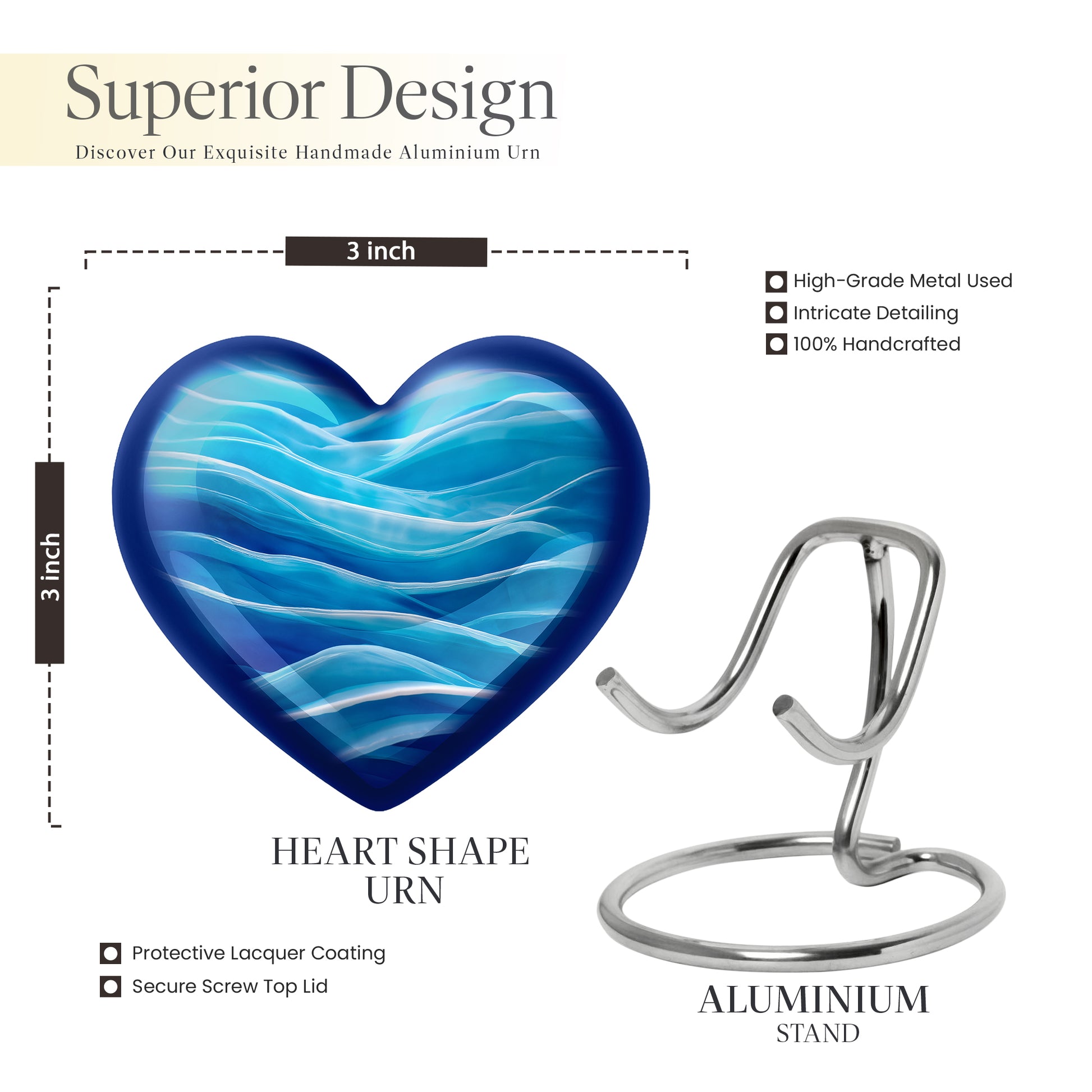 Celestial Blue Blue Cremation Urn front view showing detailed design - heart-shaped blue design symbolizing eternal love - mini keepsake memorial for portion of cremation ashes