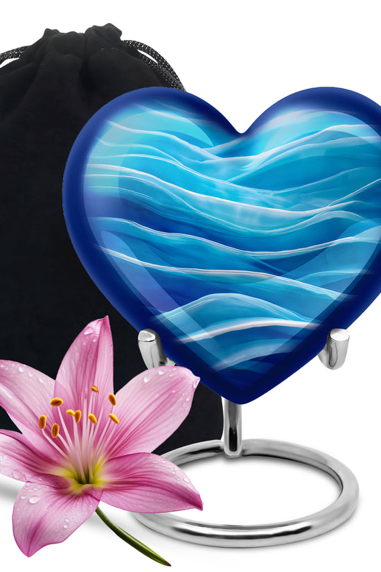 Indigo Blue Cremation Urn detail view - loving heart memorial featuring blue pattern - full-size 10 inch 200 cubic inch adult cremation urn