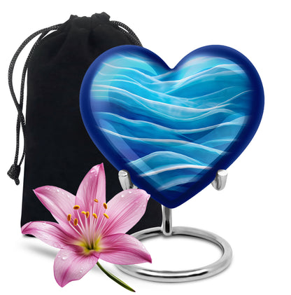 Indigo Blue Cremation Urn detail view - loving heart memorial featuring blue pattern - full-size 10 inch 200 cubic inch adult cremation urn