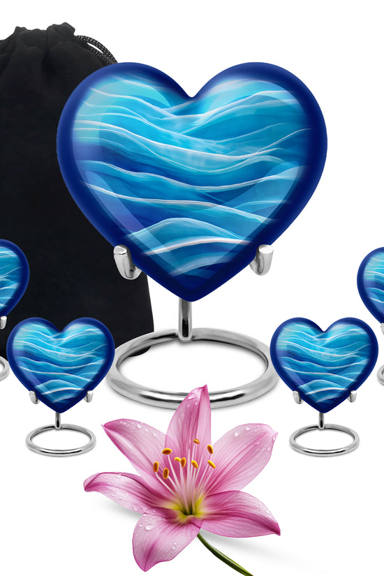 Slate Blue Blue Cremation Urn close-up of engraving and surface detail - loving heart memorial featuring blue pattern - memorial set with one large and four small urns